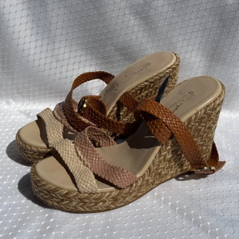 Stuart Weitzman Multicolor Woven Leather Wedge Ankle Strap‎ Sandals Size 8